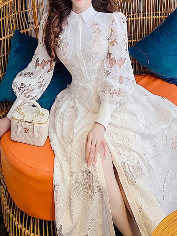 TWOTWINSTYLE  Lace Embroidery Dresses For Women Puff Sleeve Hollow Out Midi Dress New