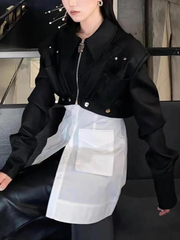 TWOTWINSTYLE Detachable Vintage Jackets For Women Lapel Long Sleeve Patchwork Zipper Fashion Clothing