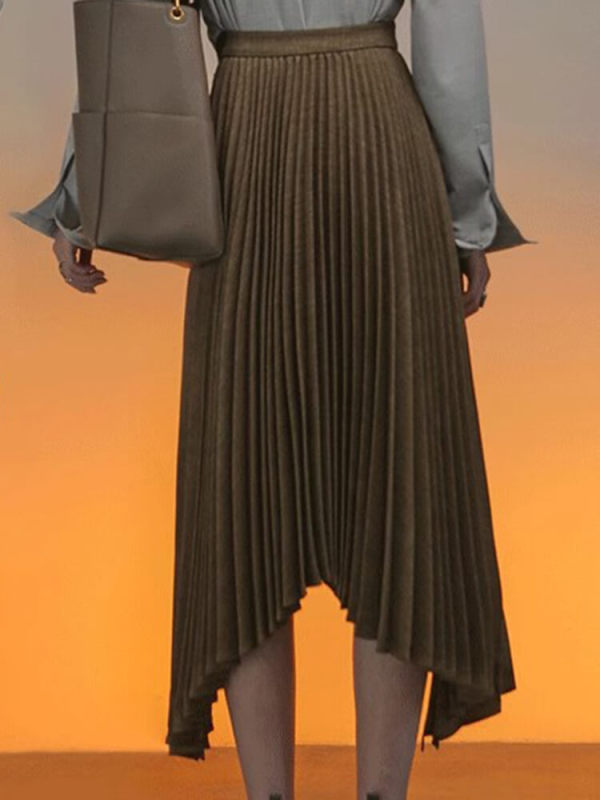 TWOTWINSTYLE Casual Patchwork Pleated Skirts For Women High Waist  Irregular Hem Fashion Clothing
