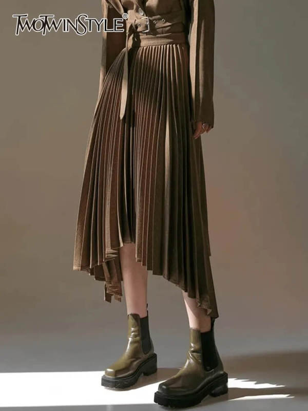 TWOTWINSTYLE Casual Patchwork Pleated Skirts For Women High Waist  Irregular Hem Fashion Clothing