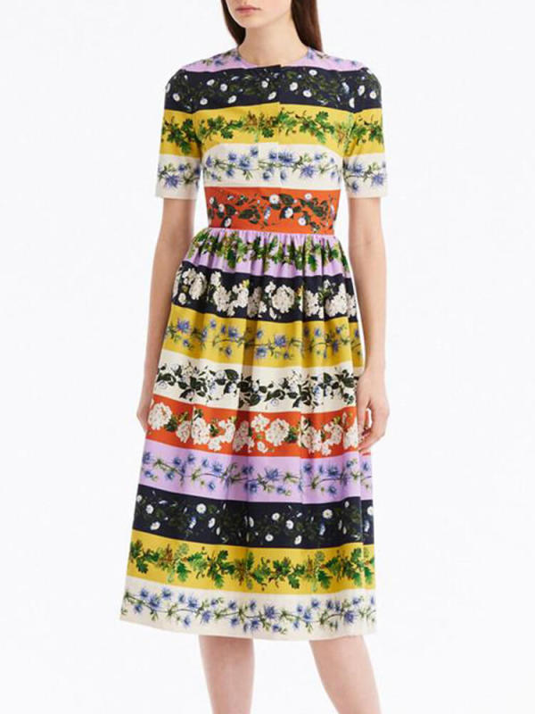 TWOTWINSTYLE  Floral Printing Dress For Women Round Neck Short Sleeve High Waist Folds  Fashion Clothing  New