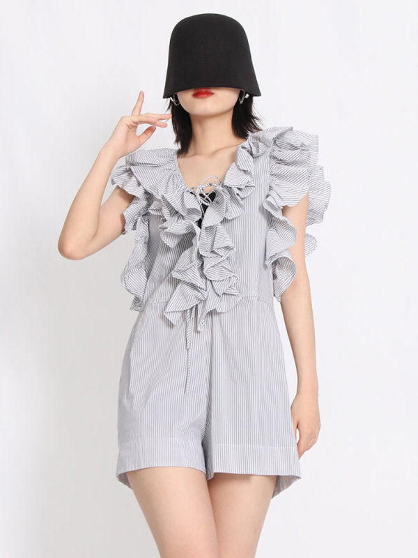 TWOTWINSTYLE Ruffles Striped Playsuits For Women V Neck Sleeveless High Waist Lace Up Clothing New