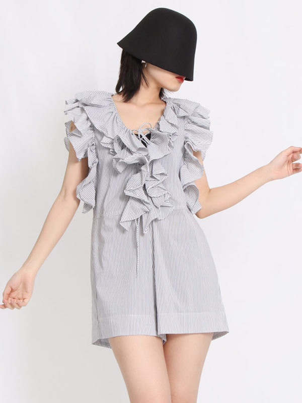 TWOTWINSTYLE Ruffles Striped Playsuits For Women V Neck Sleeveless High Waist Lace Up Clothing New