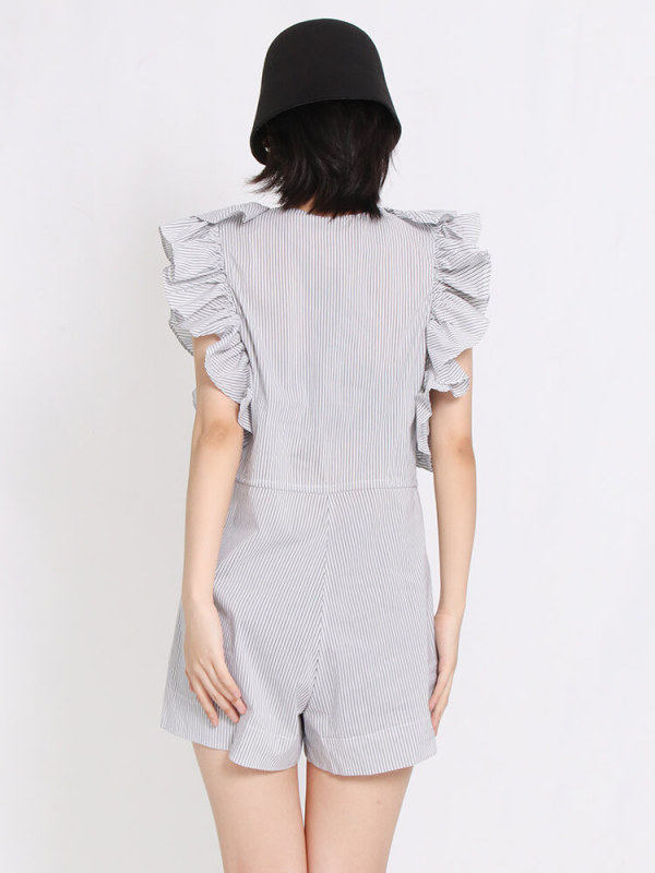 TWOTWINSTYLE Ruffles Striped Playsuits For Women V Neck Sleeveless High Waist Lace Up Clothing New