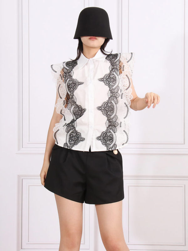 TWOTWINSTYLE Lace  Chic Shirts For Women Lapel Sleeveless Single Breasted Fashion Clothing