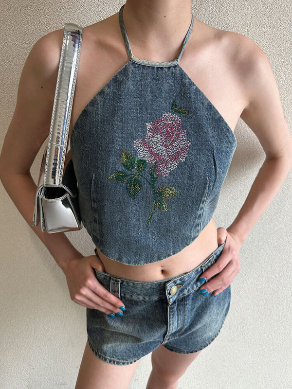 TWOTWINSTYLE Diamonds Tank Tops For Women Halter Sleeveless Backless Cold Shoulder Fashion Clothing