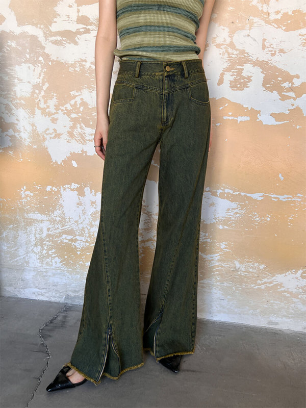 TWOTWINSTYLE Spliced Zipper  Flare Pants For Women High Waist Slimming  Straight Leg Jeans Fashuon Clothing