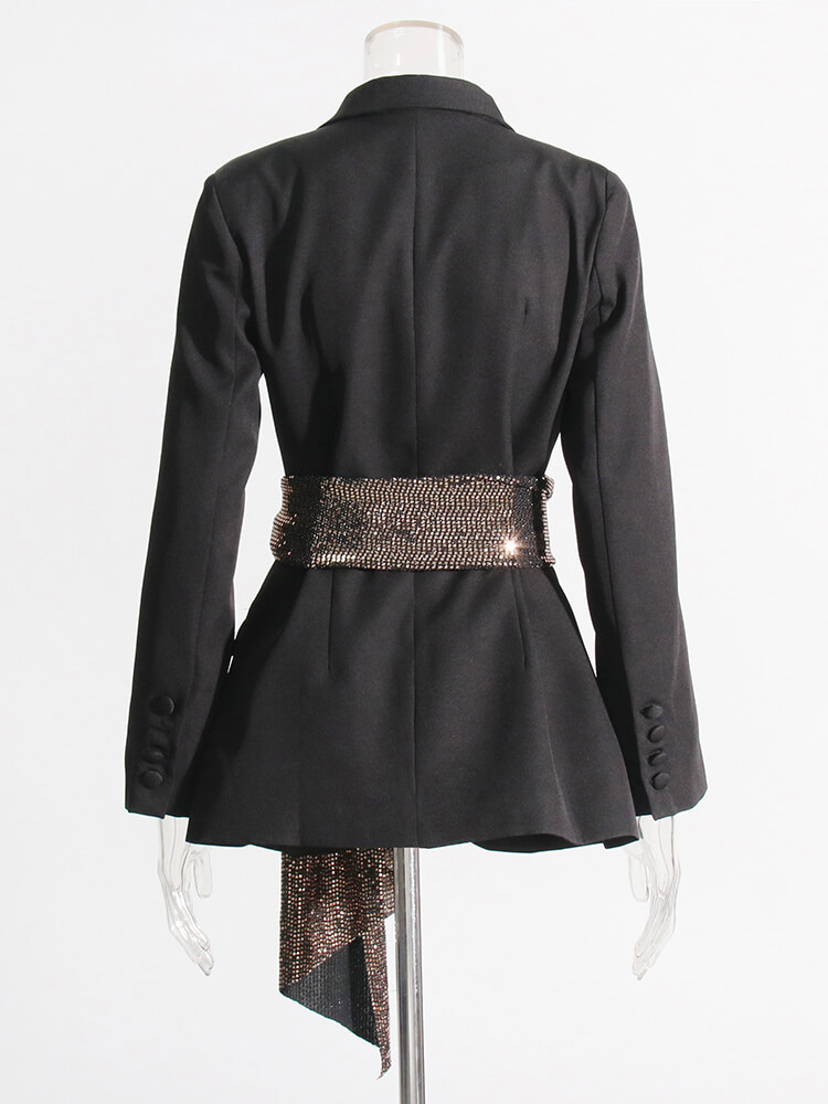 TWOTWINSTYLE  Sequins Lace Up Blazers For Women Notched Collar Long Sleeve Spliced Pocket Clothing