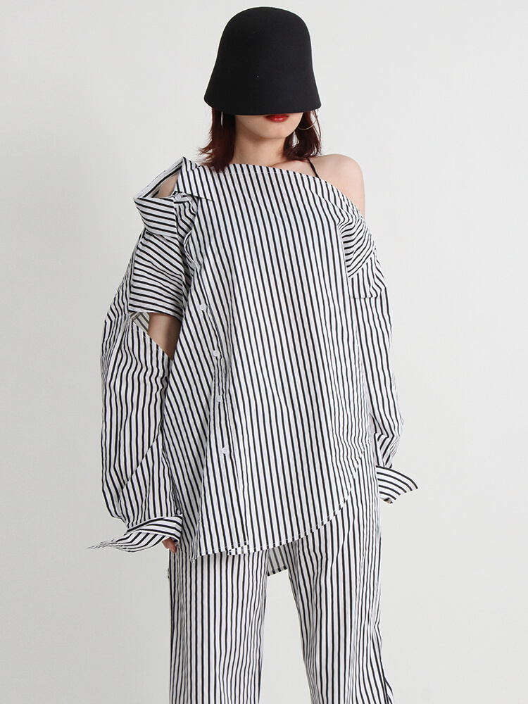 TWOTWINSTYLE Summer Two Piece Set Womens Lapel Off Shoulder Long Sleeve Tops High Waist Wide Leg Pants Striped Sets Female Style