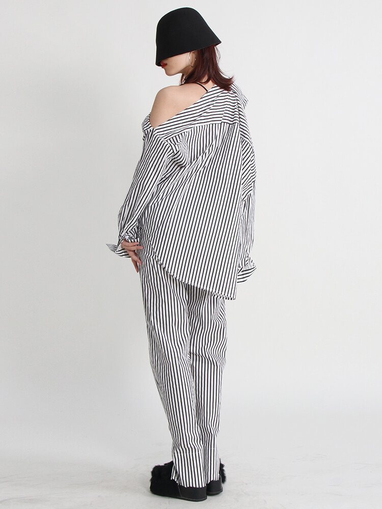 TWOTWINSTYLE Summer Two Piece Set Womens Lapel Off Shoulder Long Sleeve Tops High Waist Wide Leg Pants Striped Sets Female Style