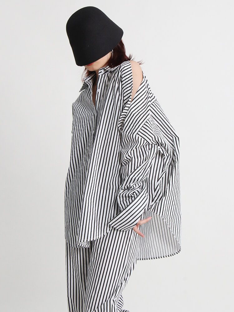TWOTWINSTYLE Summer Two Piece Set Womens Lapel Off Shoulder Long Sleeve Tops High Waist Wide Leg Pants Striped Sets Female Style
