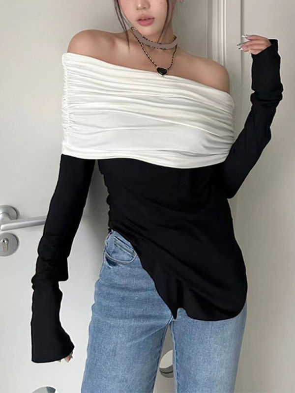 TWOTWINSTYLE  Slimming Spliced Folds  T Shirts For Women Slash Neck Long Sleeve Fashon Clothing