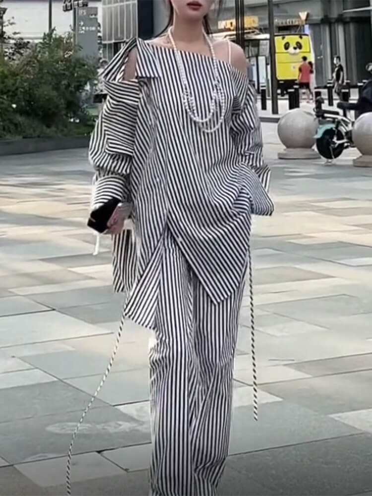 TWOTWINSTYLE Summer Two Piece Set Womens Lapel Off Shoulder Long Sleeve Tops High Waist Wide Leg Pants Striped Sets Female Style