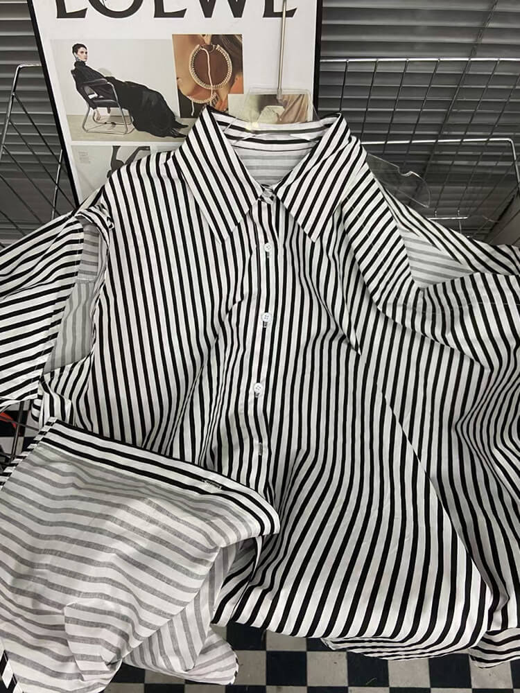 TWOTWINSTYLE Summer Two Piece Set Womens Lapel Off Shoulder Long Sleeve Tops High Waist Wide Leg Pants Striped Sets Female Style