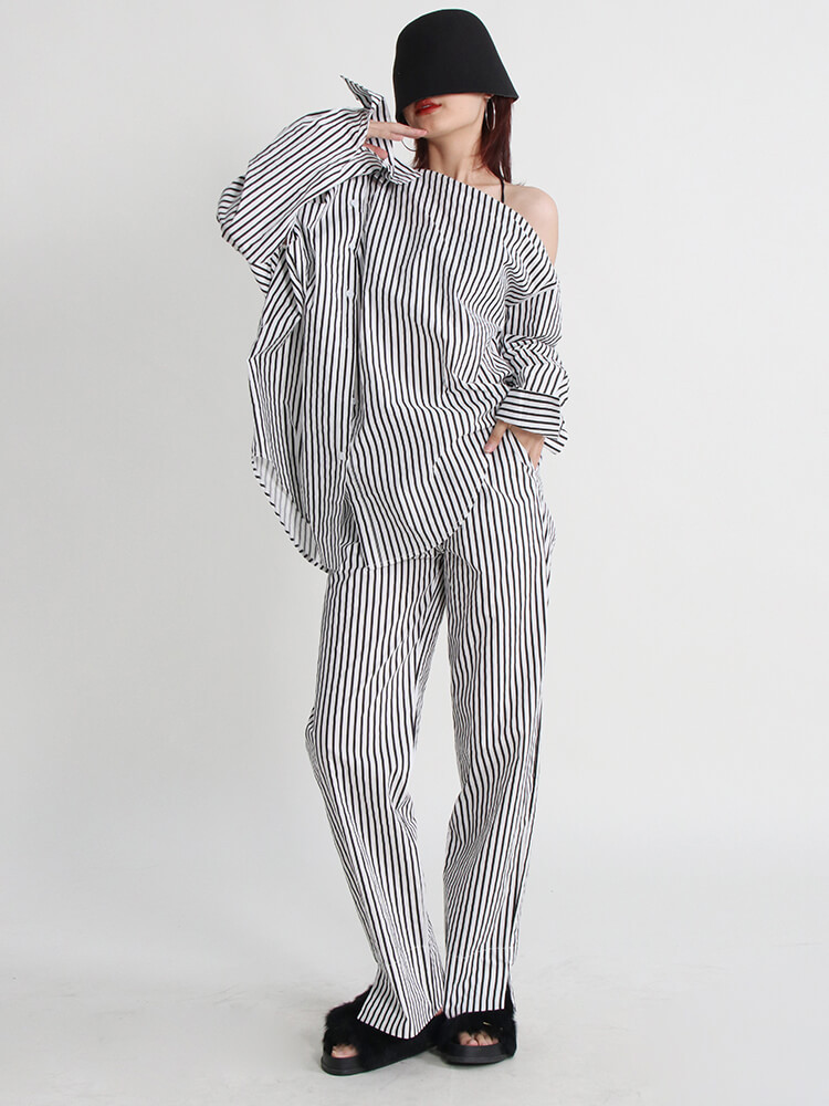 TWOTWINSTYLE Summer Two Piece Set Womens Lapel Off Shoulder Long Sleeve Tops High Waist Wide Leg Pants Striped Sets Female Style