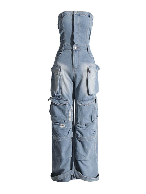 TWOTWINSTYLE Spliced Denim Jumpsuits For Women Strapless Sleeveless High Waist Patchwork Pockets Casual Jumpsuit Female Clothing