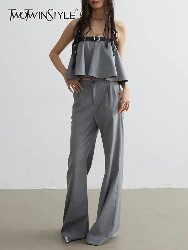 TWOTWINSTYLE  Two Piece Sets For Women Strapless Sleeveless Spliced Belt Fashion Clothing
