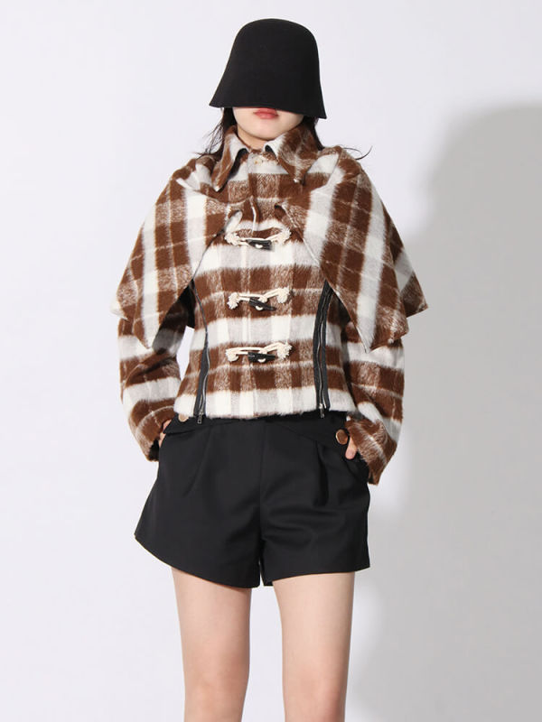 TWOTWINSTYLE  Casual Plaid Coats For Women Lapel Long Sleeve  Horn Button Autumn Fashon Clothing