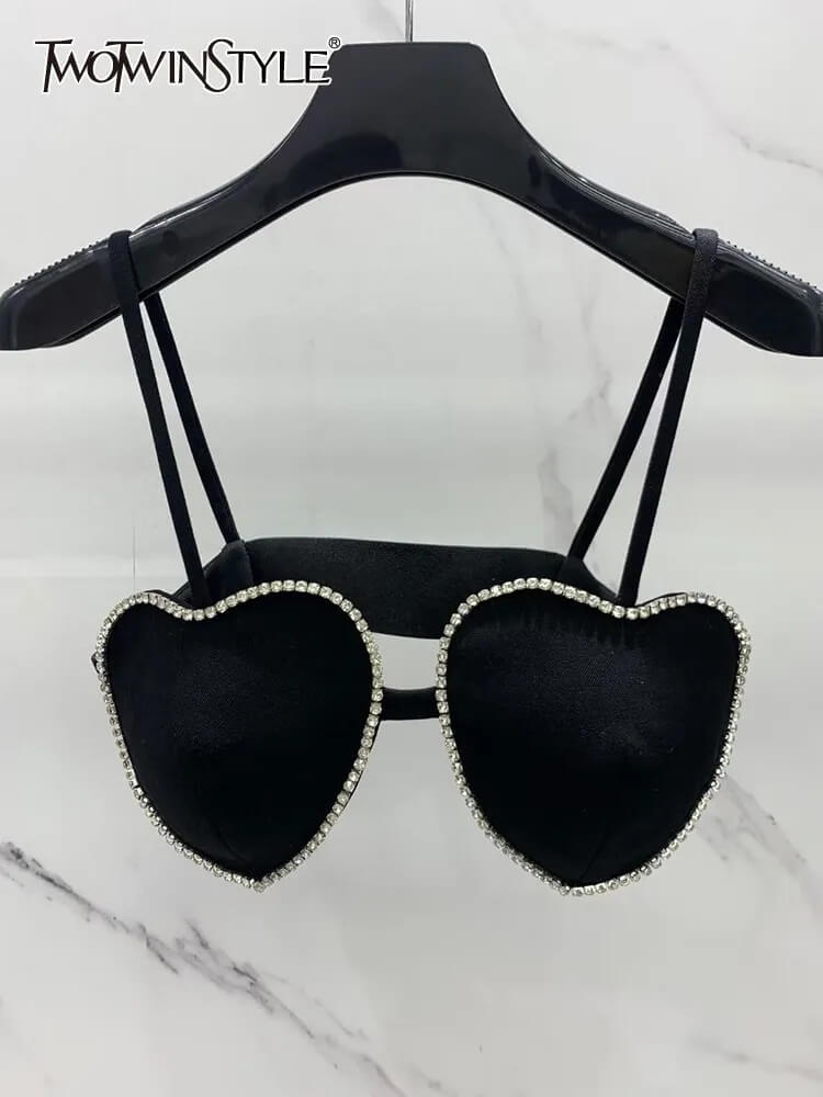 TWOTWINSTYLE Short  Camis Tank  Tops For Women Square Collar Sleeveless  Diamonds Hollow Out Fashion Clothing