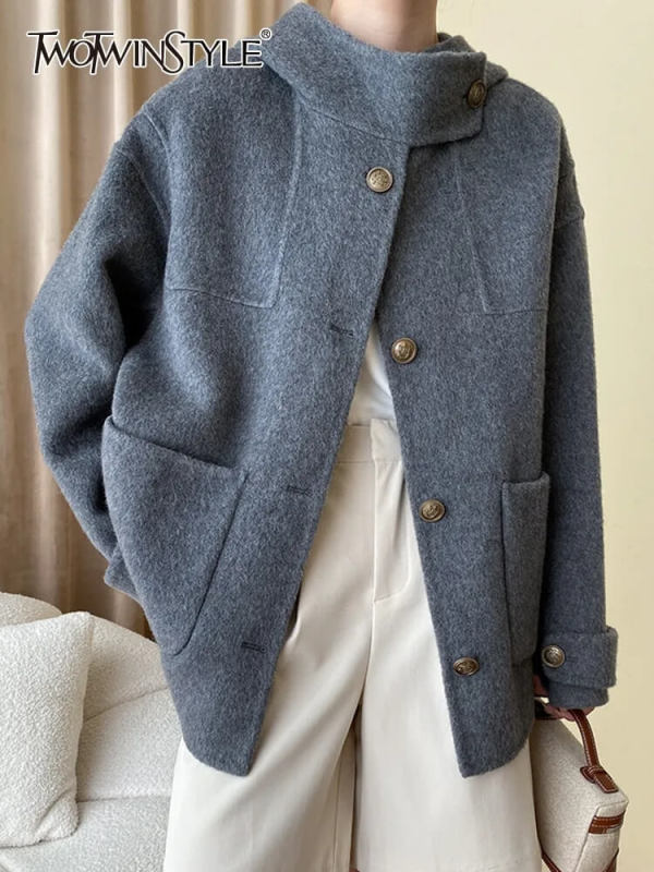 TWOTWINSTYLESpliced Pockets Coats For Women Hooded Long Sleeve  Single Breasted Fashion Clothing