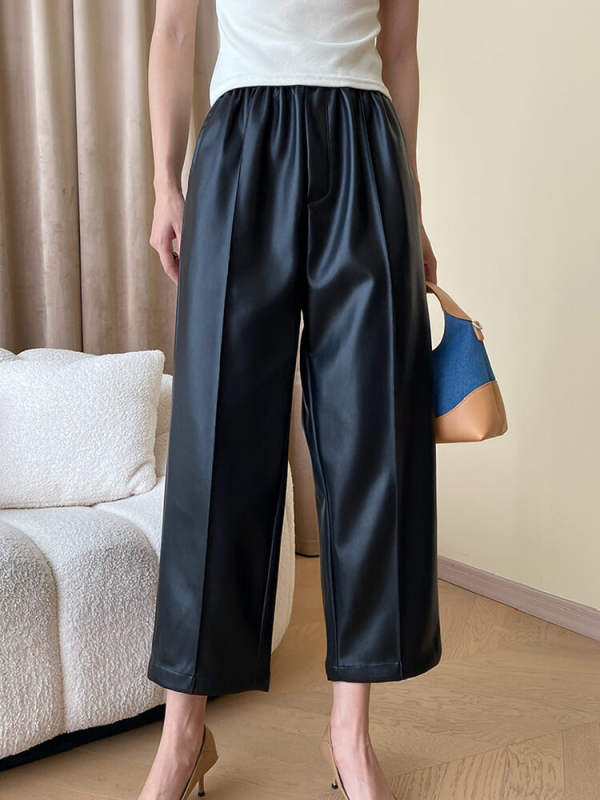 TWOTWINSTYLE Leather Spliced Folds Pants For Women High Waist Patchwork Pockets Clothing