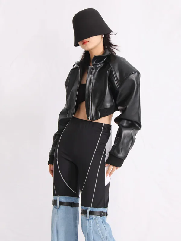 TWOTWINSTYLE  Zipper Coats For Women Lapel Long Sleeve Loose Casual PU Leather Fashion Clothing