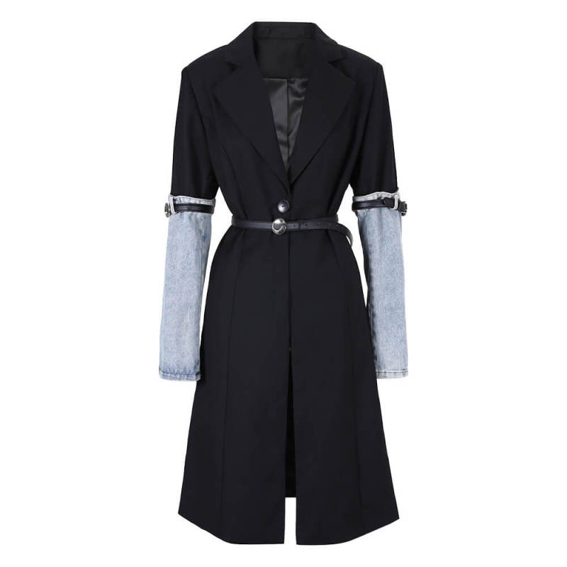 TWOTWINSTYLE  Patchwork Denim  Trenches For Women Notched Collar Long Sleeve Fashion Clothing