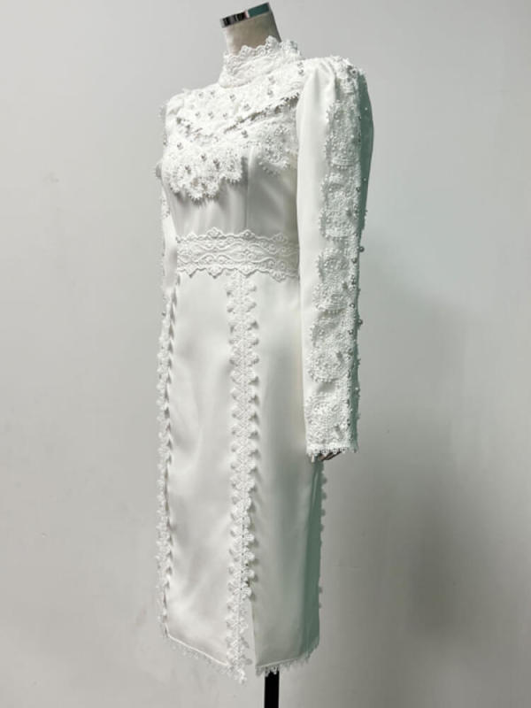 TWOTWINSTYLE Slimming Dresses For Women Stand Collar Long Sleeve High Waist Spliced Lace Clothing