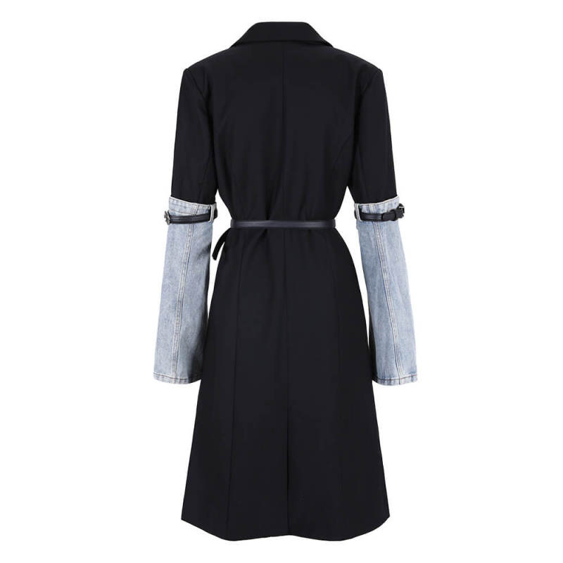 TWOTWINSTYLE  Patchwork Denim  Trenches For Women Notched Collar Long Sleeve Fashion Clothing