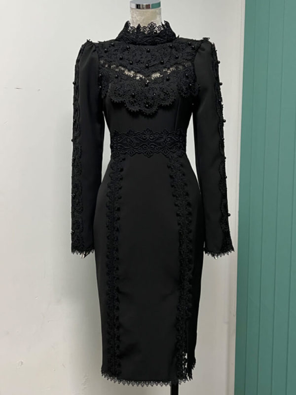 TWOTWINSTYLE Slimming Dresses For Women Stand Collar Long Sleeve High Waist Spliced Lace Clothing