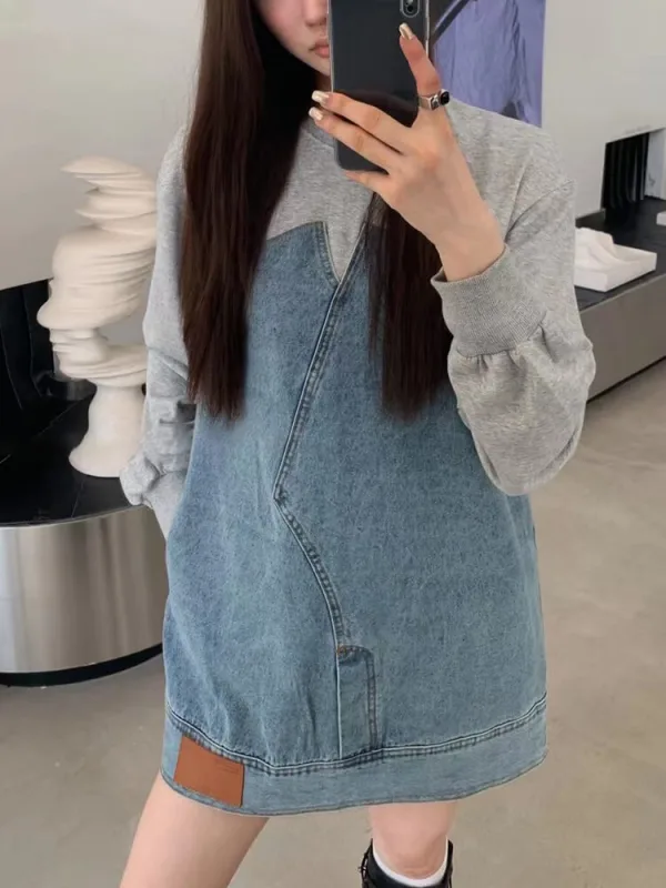 TWOTWINSTYLE Spliced Denim Chic Dresses For Women Round Neck Long Sleeve Fashion New