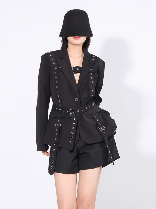 TWOTWINSTYLE  Patchwork Belts Designer Blazers For Women Notched Collar Long Sleeve Fashion Clothing