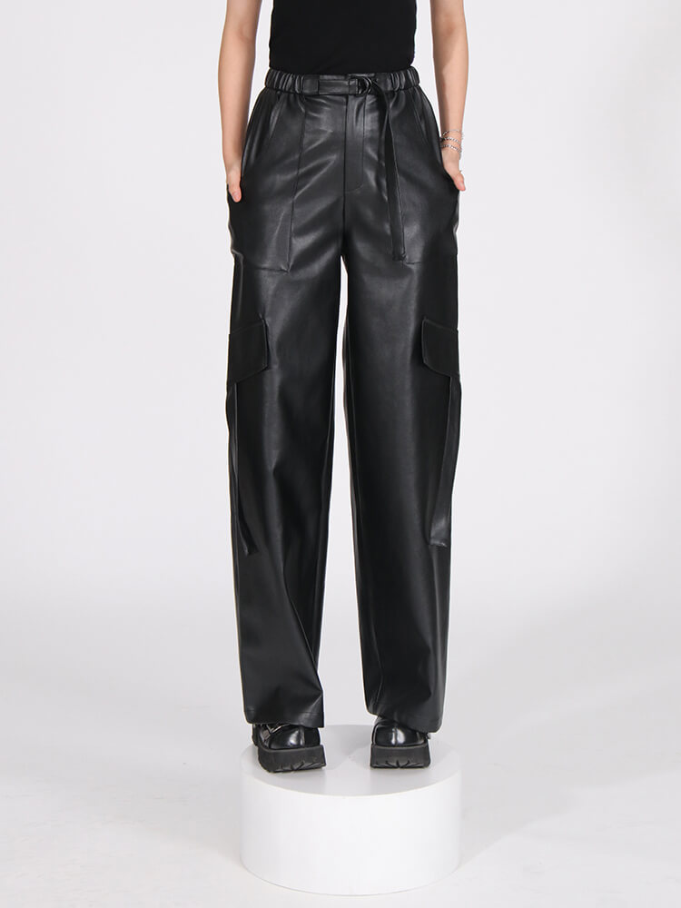 TWOTWINSTYLE  Loose Leather Pants For Women High Waist Patchwork Pockets  Wide Leg Pant Clothing