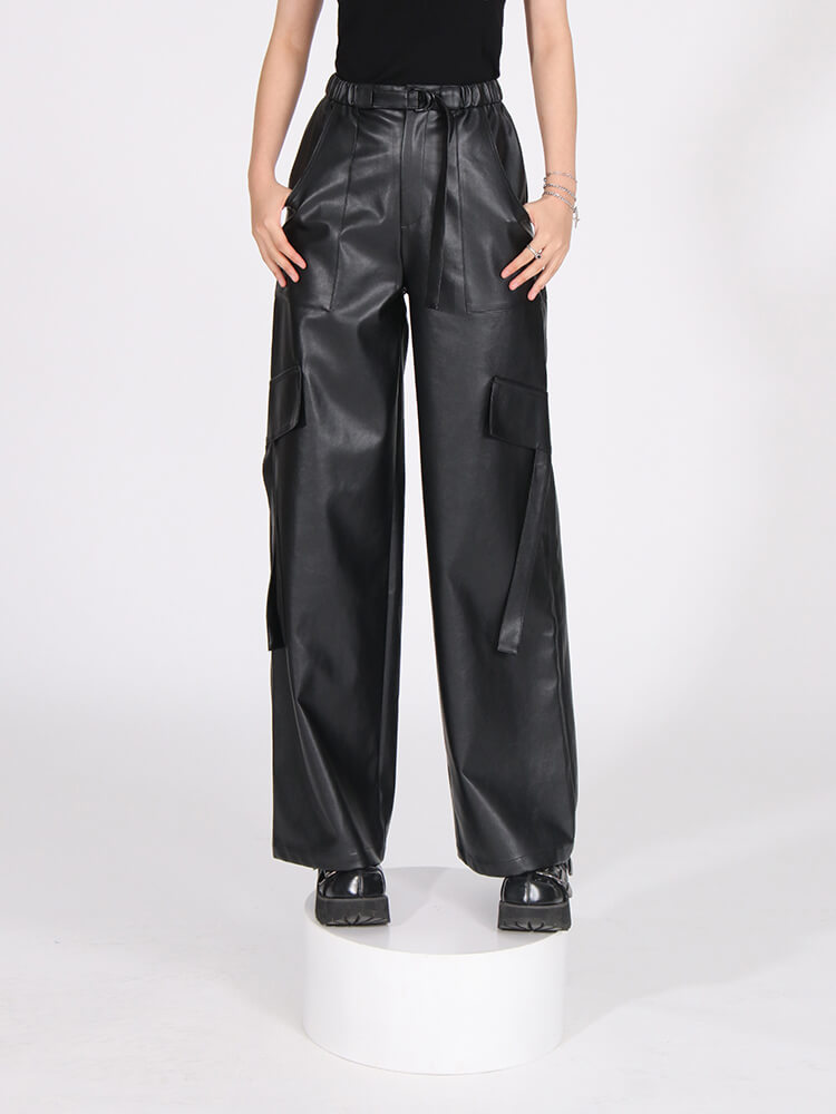 Leather Pockets Wide Leg Pants - Black