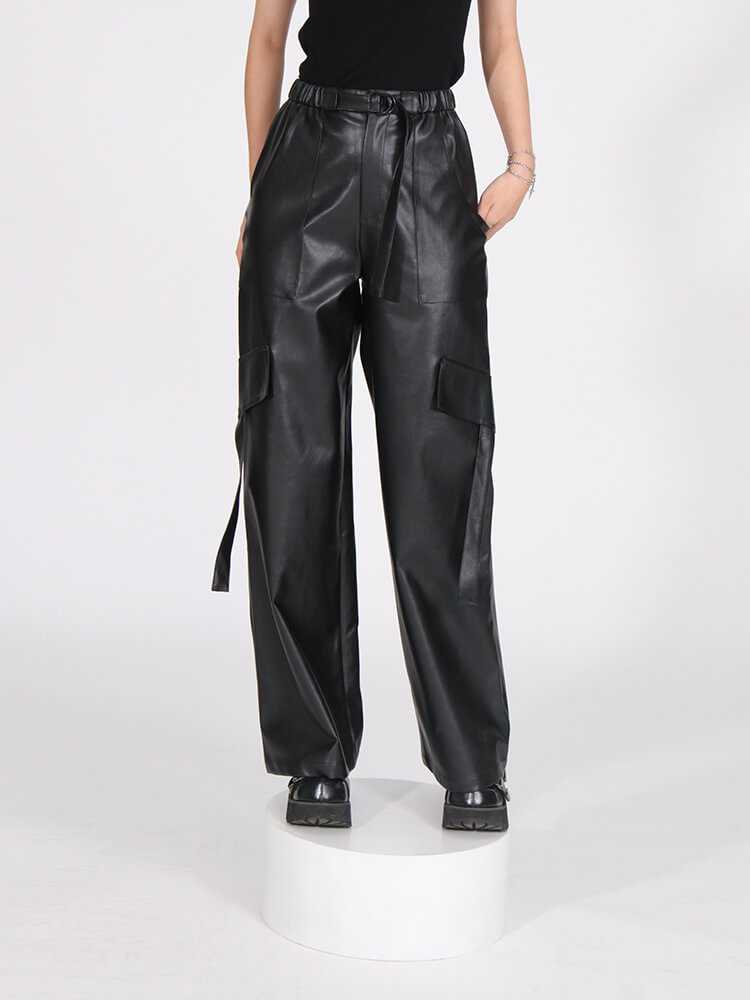 TWOTWINSTYLE  Loose Leather Pants For Women High Waist Patchwork Pockets  Wide Leg Pant Clothing