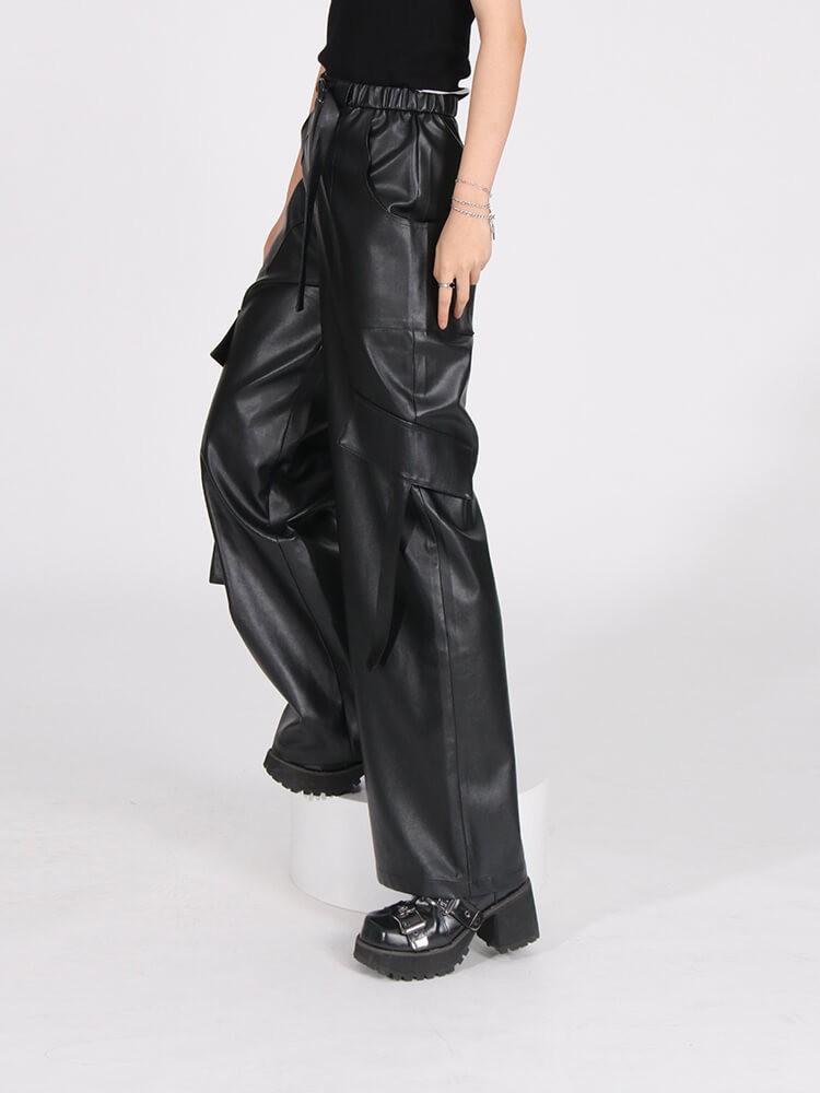 TWOTWINSTYLE  Loose Leather Pants For Women High Waist Patchwork Pockets  Wide Leg Pant Clothing
