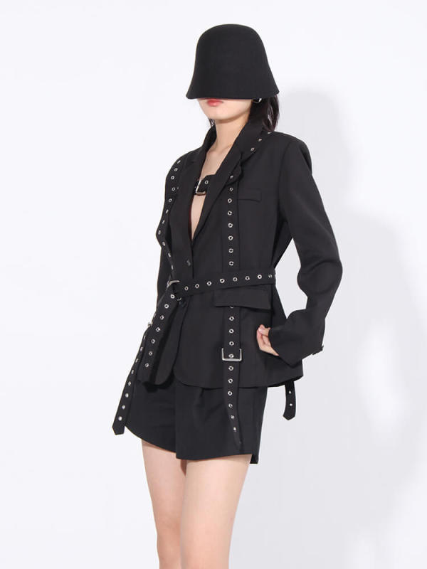 TWOTWINSTYLE  Patchwork Belts Designer Blazers For Women Notched Collar Long Sleeve Fashion Clothing