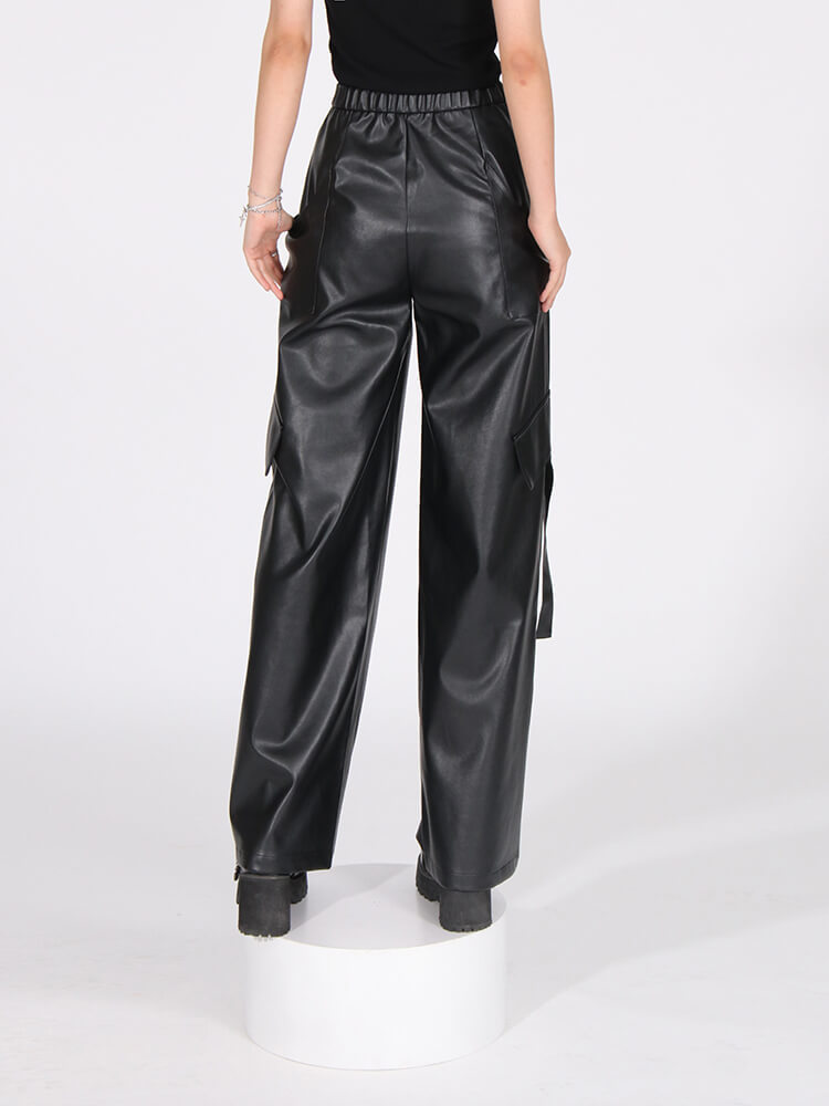 TWOTWINSTYLE  Loose Leather Pants For Women High Waist Patchwork Pockets  Wide Leg Pant Clothing
