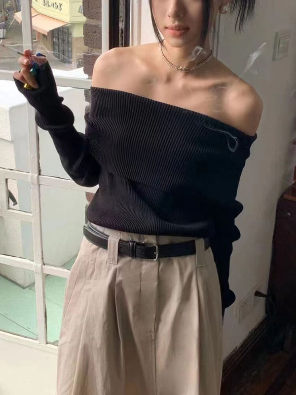TWOTWINSTYLE Slimming Knitting Sweaters For Women Slash Neck Long Sleeve Cold Shoulder Fashion Clothing