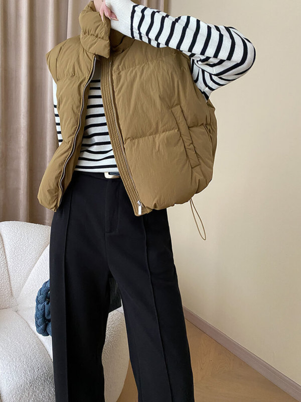 TWOTWINSTYLE Zipper Casual  Waistcoats For Women Stand Collar Sleeveless Spliced Pocket Coat Clothing