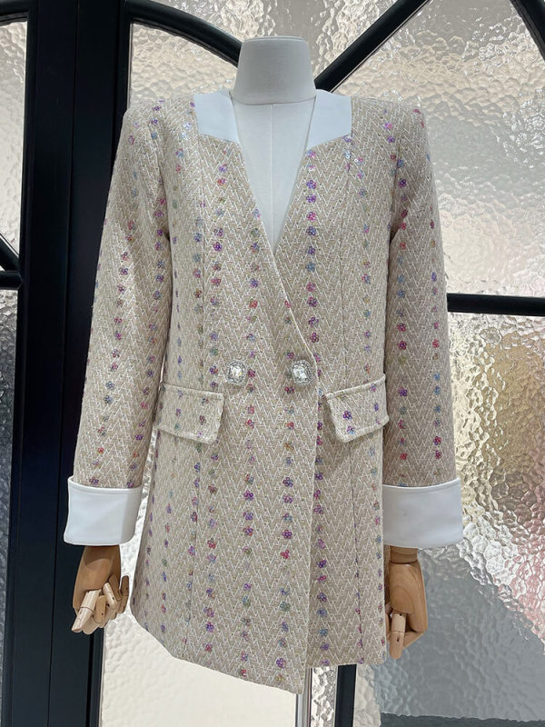 TWOTWINSTYLE  Patchwork Sequins Blazers For Women V Neck Long Sleeve Loose Coat Fahsion Clothing
