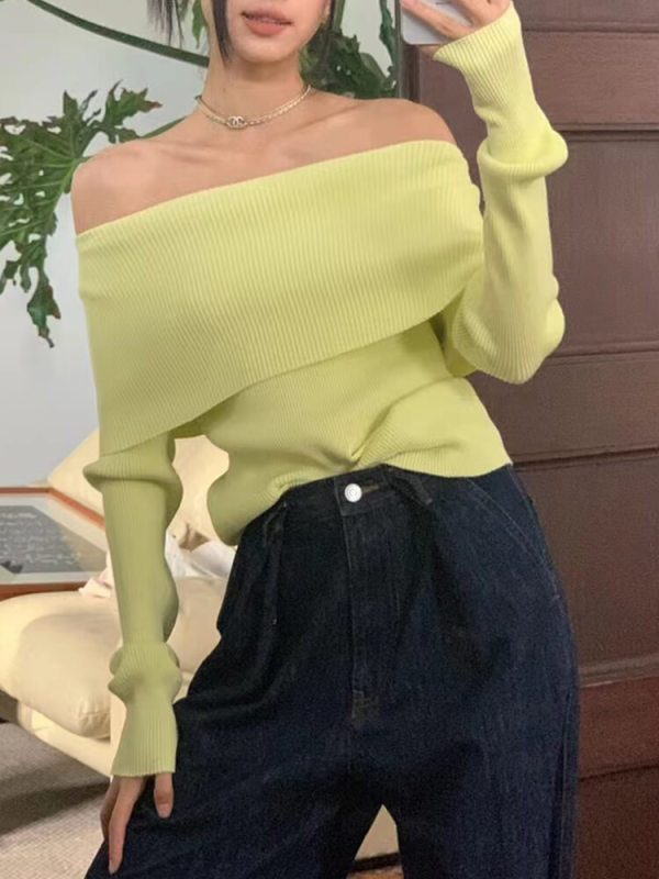 TWOTWINSTYLE Slimming Knitting Sweaters For Women Slash Neck Long Sleeve Cold Shoulder Fashion Clothing