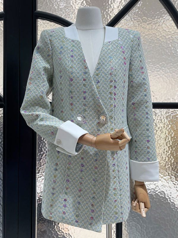 TWOTWINSTYLE  Patchwork Sequins Blazers For Women V Neck Long Sleeve Loose Coat Fahsion Clothing