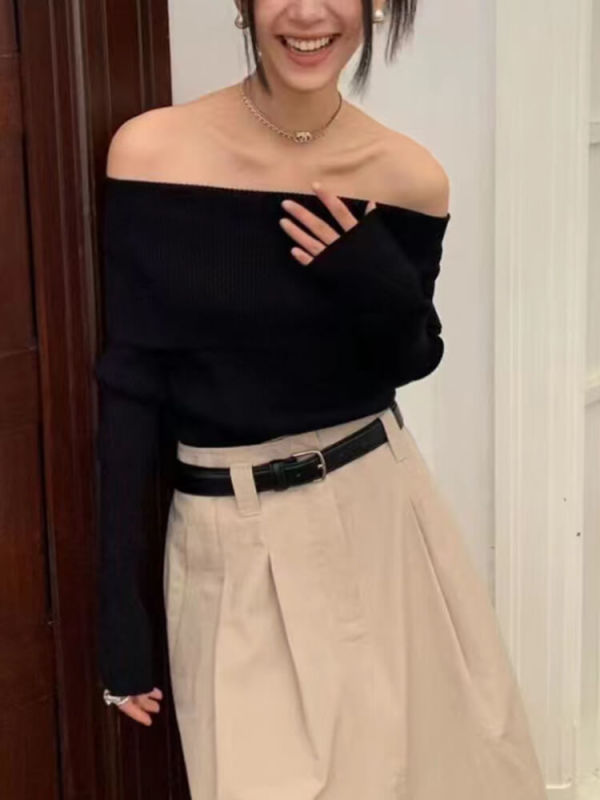 TWOTWINSTYLE Slimming Knitting Sweaters For Women Slash Neck Long Sleeve Cold Shoulder Fashion Clothing