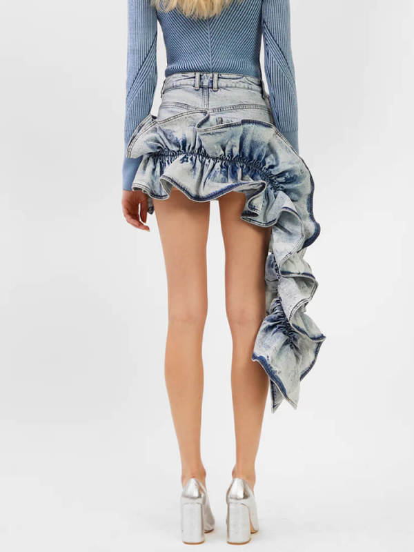TWOTWINSTYLE Denim Irregular Skirts For Women Ruffles  Slimming Skirt Female Fashion Clothes New