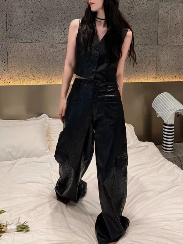 TWOTWINSTYLE Patchwork Single Breasted Leather Waistcoats For Women V Neck Sleeveless Fashion Clothing