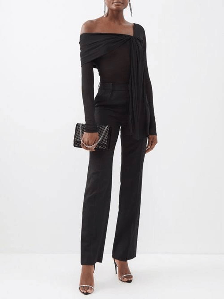 TWOTWINSTYLE Spliced Ribbon Slimming Bodysuits For Women Square Collar One Shoulder Sleeve Backless Clothing