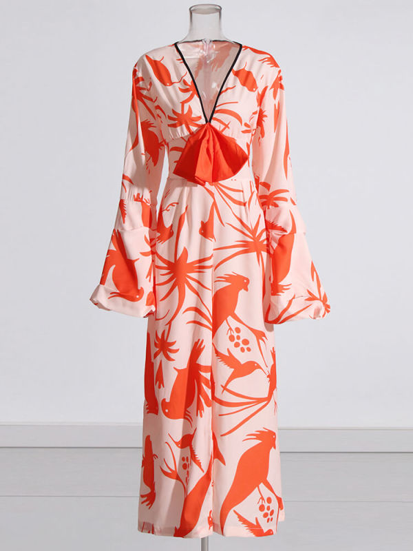 TWOTWINSTYLE Jumpsuits For Women Deep V Neck Flare Sleeve High Waist Tunic Print Wide Leg Pants Clothing