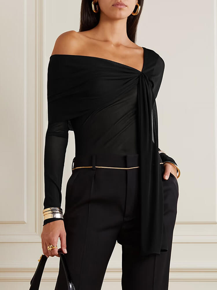 TWOTWINSTYLE Spliced Ribbon Slimming Bodysuits For Women Square Collar One Shoulder Sleeve Backless Clothing