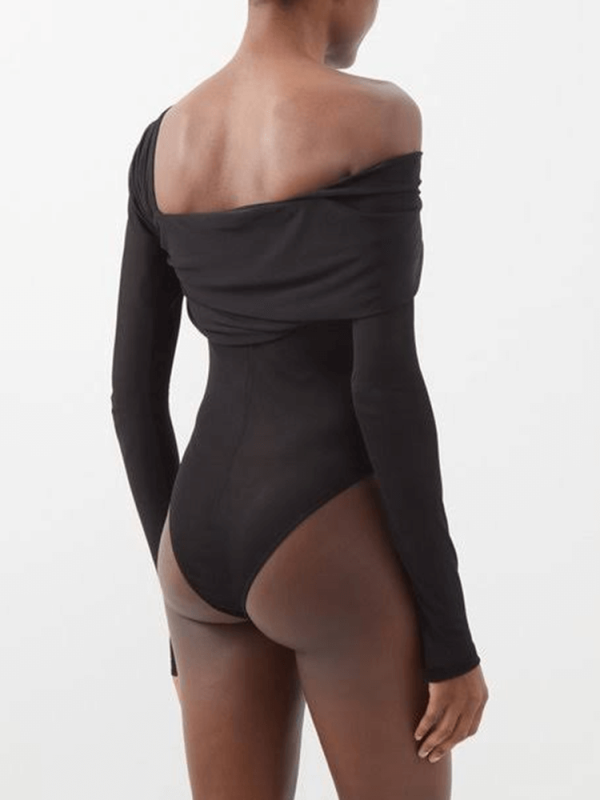 TWOTWINSTYLE Spliced Ribbon Slimming Bodysuits For Women Square Collar One Shoulder Sleeve Backless Clothing